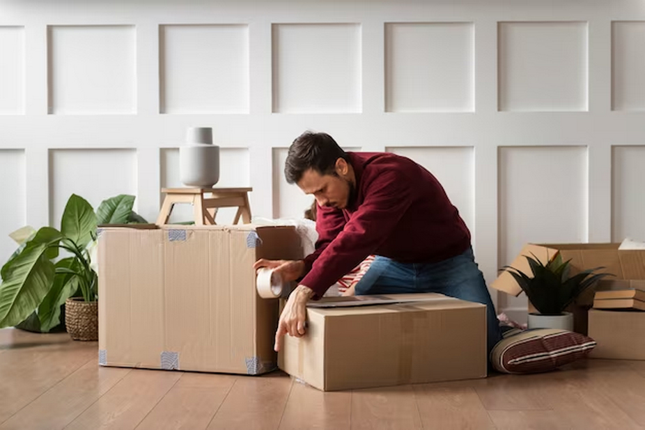 Man packing items into a box.