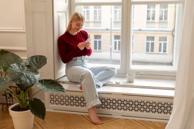 woman with cellphone by the window