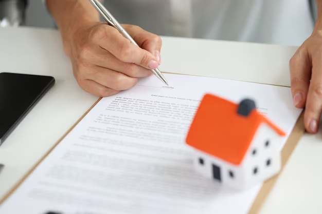 Person signing a document with a tiny house atop it